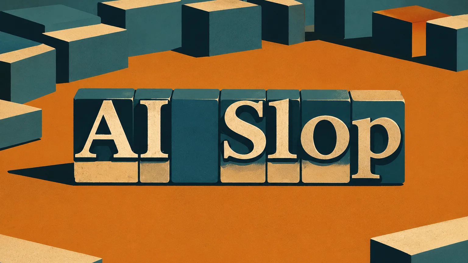 Typografische Illustration des Begriffs AI-Slop zwischen ungeordneten Bausteinen