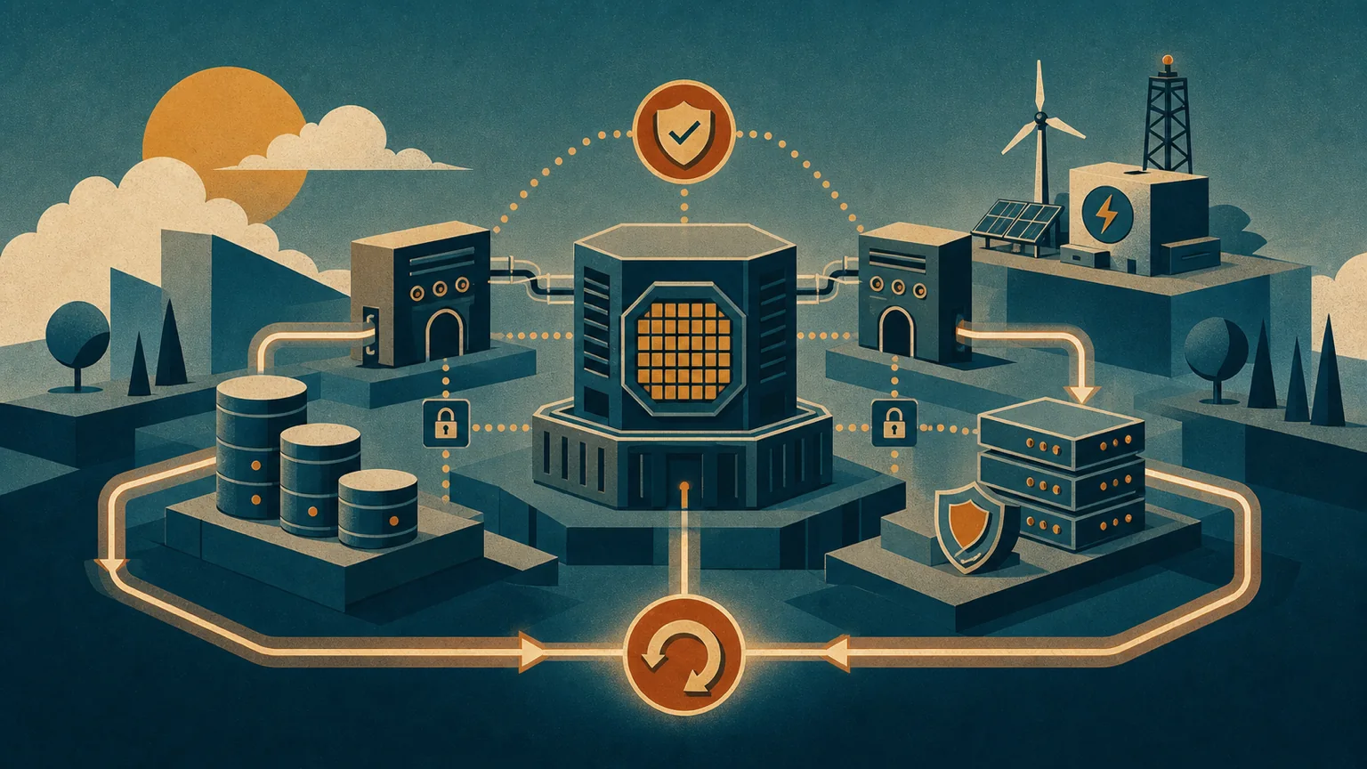 Editoriale Illustration einer vernetzten Argio-Infrastruktur mit Compute, Storage, Energie und Recovery-Pfad