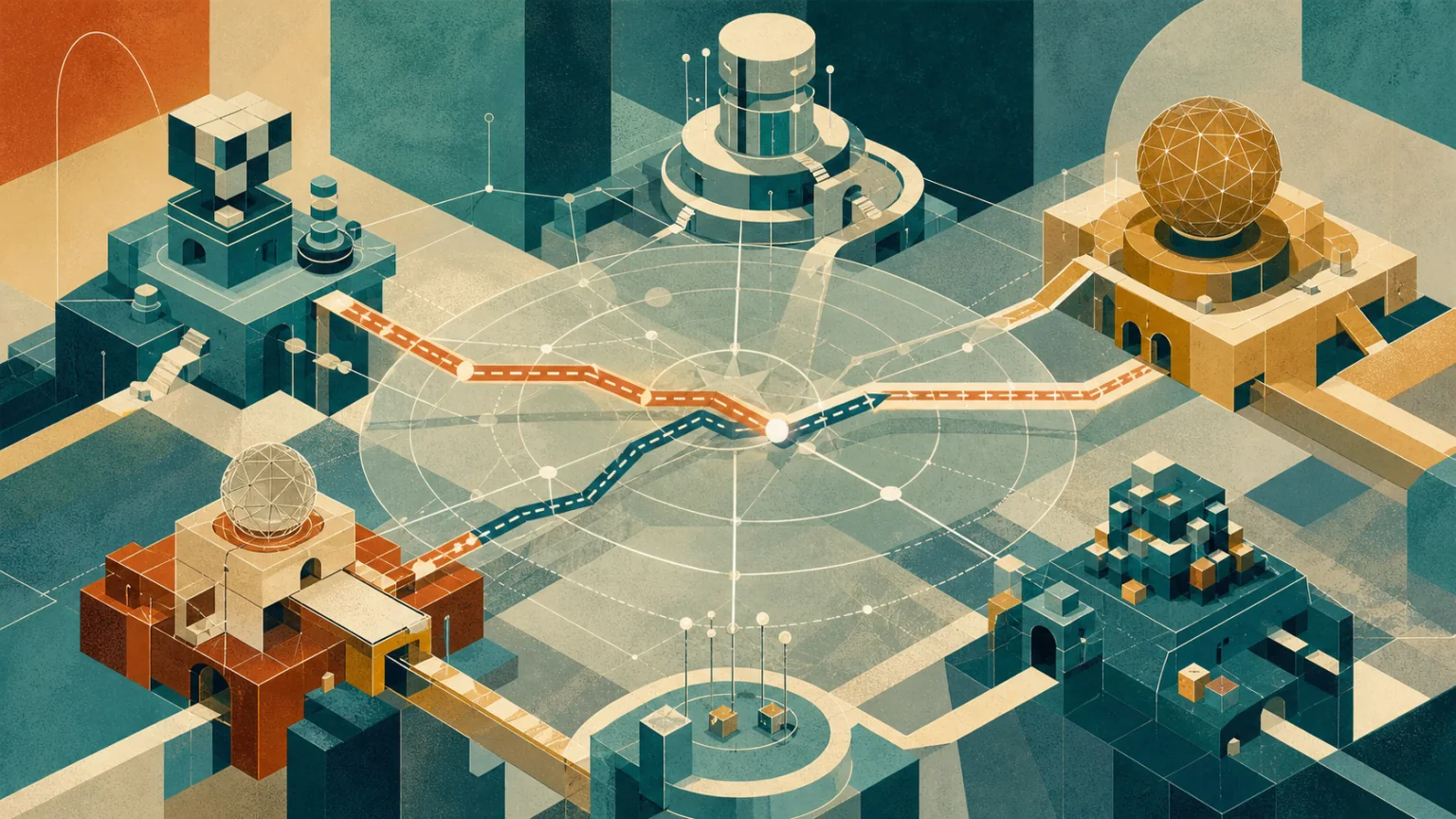 Abstrahierte Systemlandschaft, in der eine transparente Koordinationsebene widersprüchliche Verbindungen zwischen autonomen Modulen ausrichtet