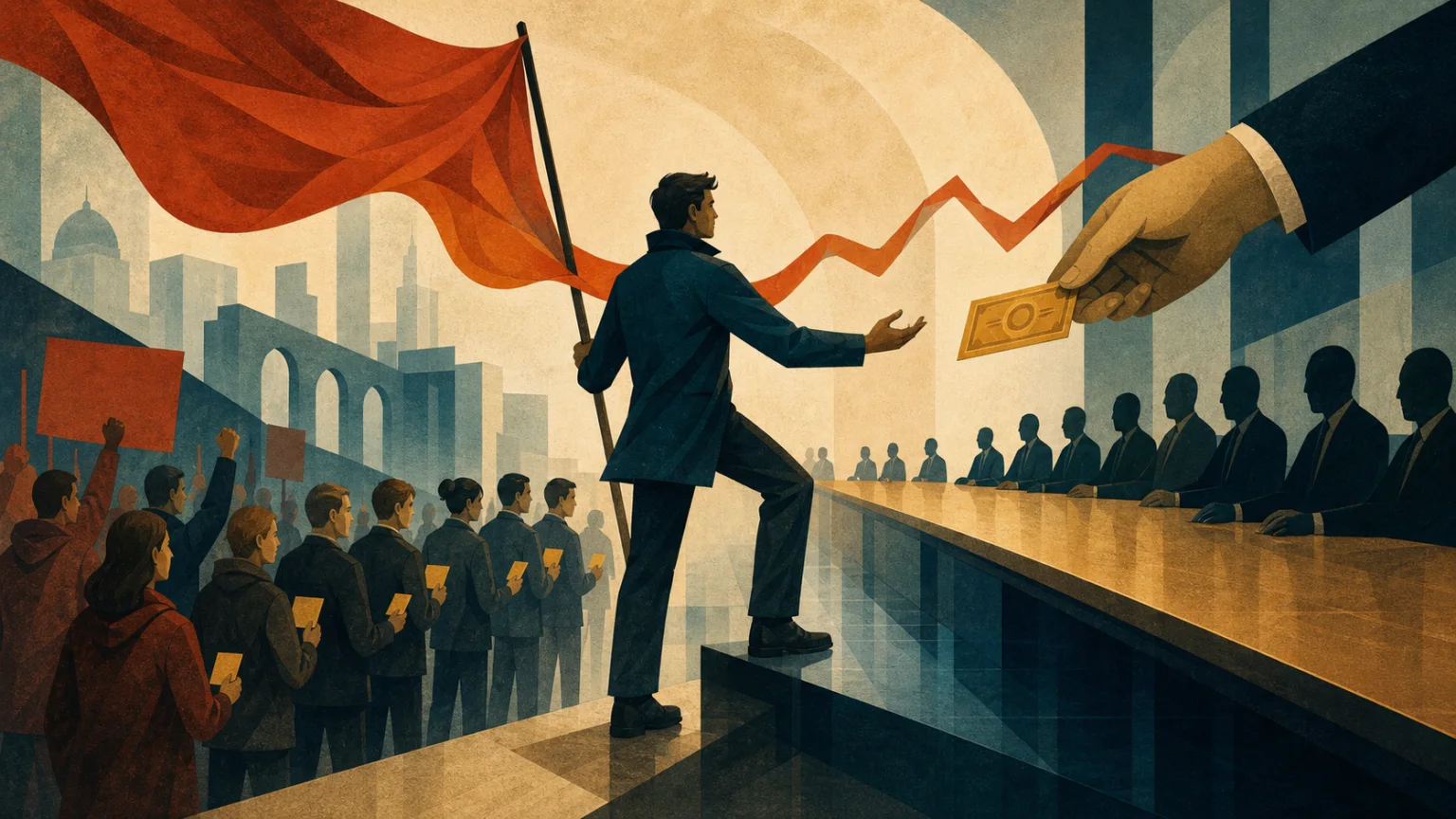 Ein Revolutionär steht zwischen einer protestierenden Menge und einem Aktionärstisch, während seine Fahne in eine Kurslinie übergeht und ihm eine Beteiligung angeboten wird