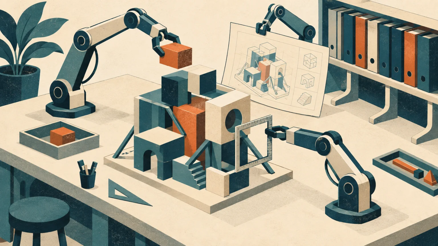 Drei mechanische Arme bauen und prüfen ein geometrisches Modell anhand eines gemeinsamen Plans; ein Archiv hält das Wissen bereit