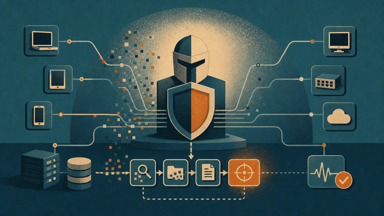 Editoriale Illustration eines Paladin-Sentinels, der Endpoint-Signale zu einem Sicherheitsbefund ordnet