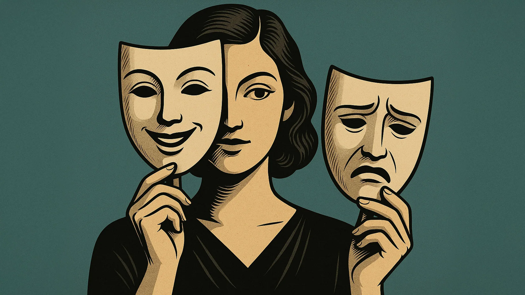 Illustration einer Person mit Masken für Ästhetik und Wirklichkeit