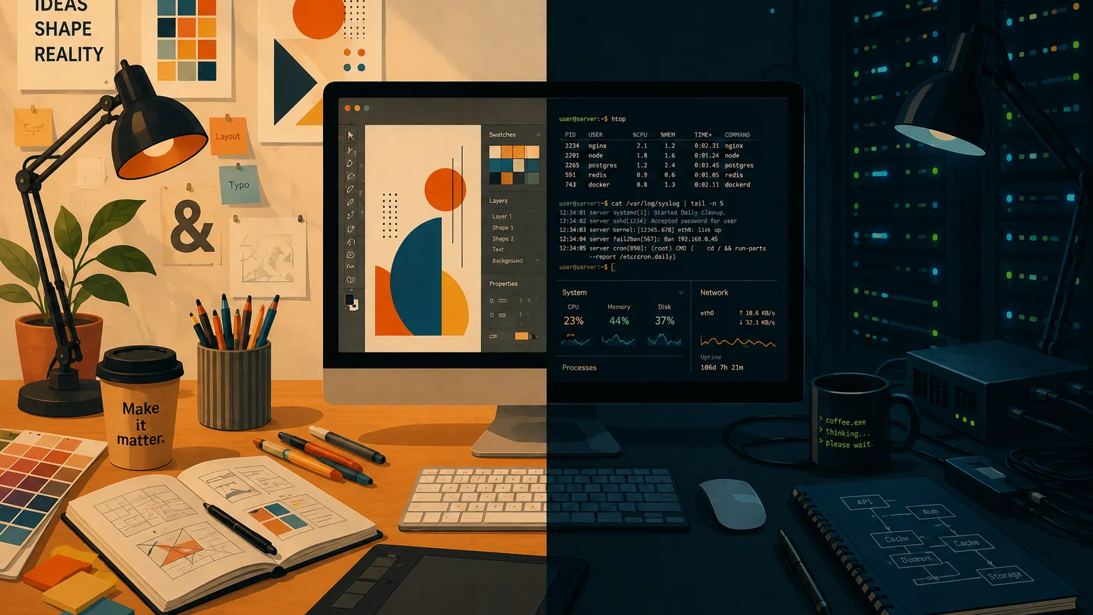 Arbeitsplatz zwischen visuellem Design und IT-Infrastruktur