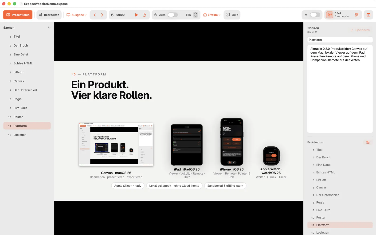 Exposé Editor mit Präsentationsbühne und Produktansichten auf Mac, iPad, iPhone und Apple Watch