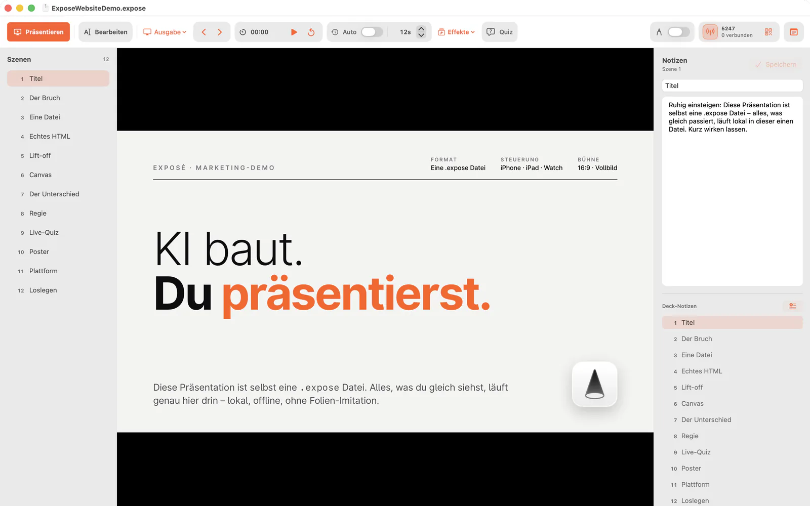 Exposé Editor mit Szenenliste, Präsentationsbühne und Notizen
