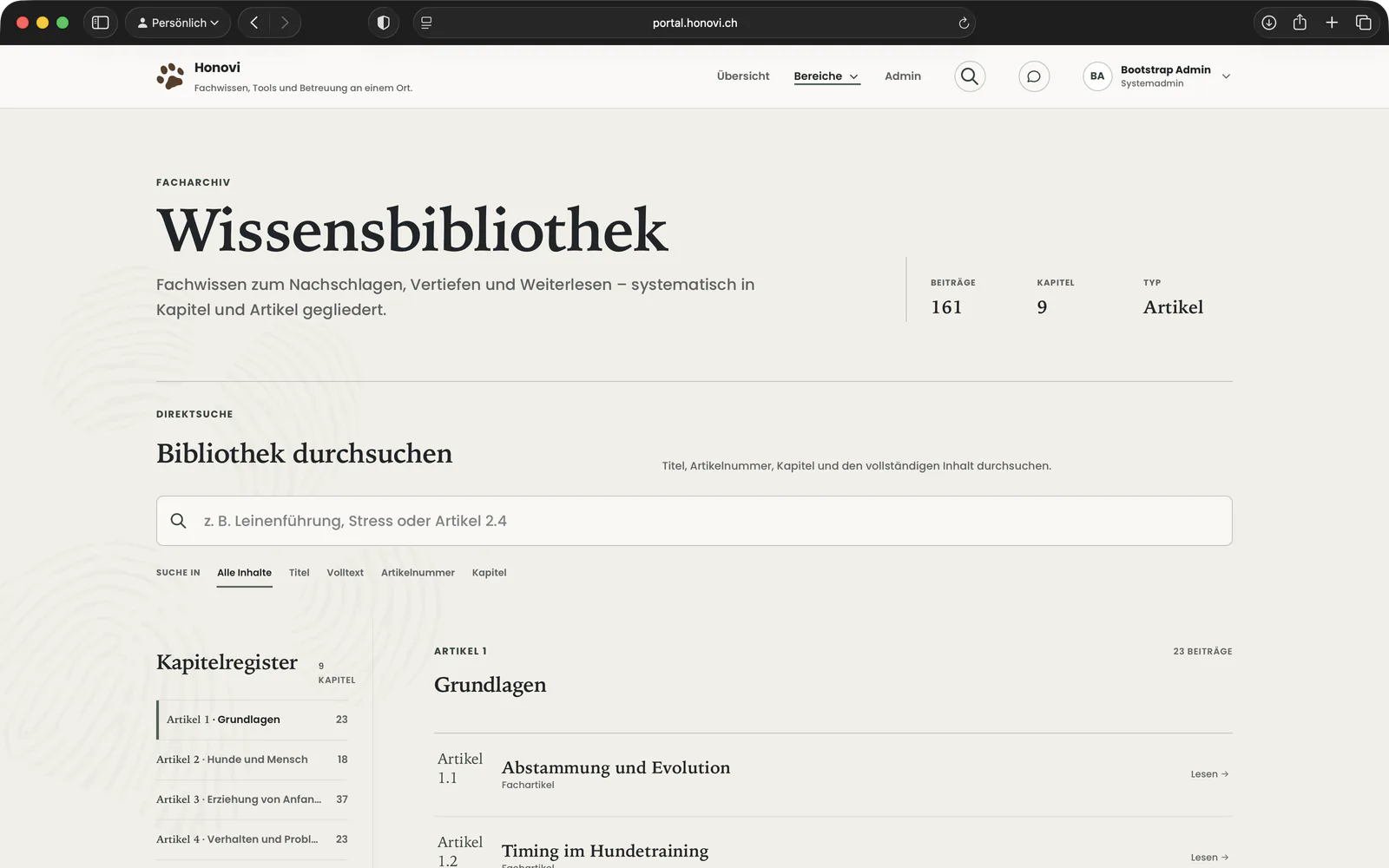 Honovi Portal mit Wissensbibliothek, Direktsuche und Kapitelregister