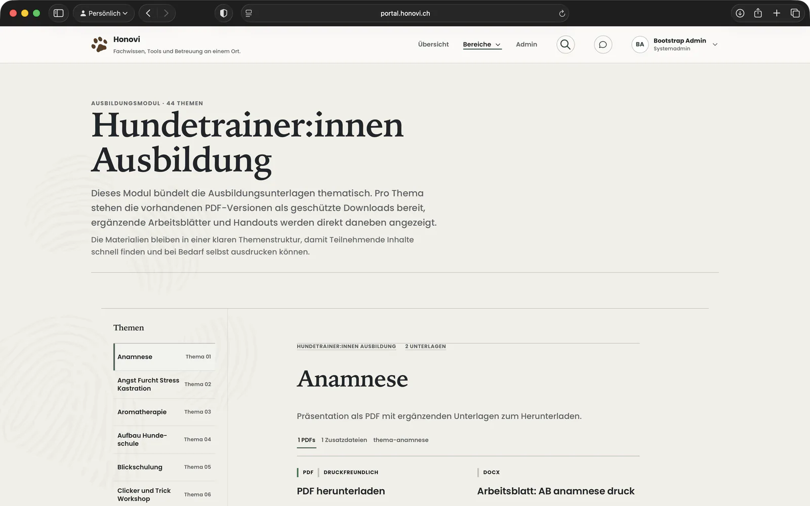 Honovi Portal mit Ausbildungsmodul, Themenliste und geschützten Unterlagen