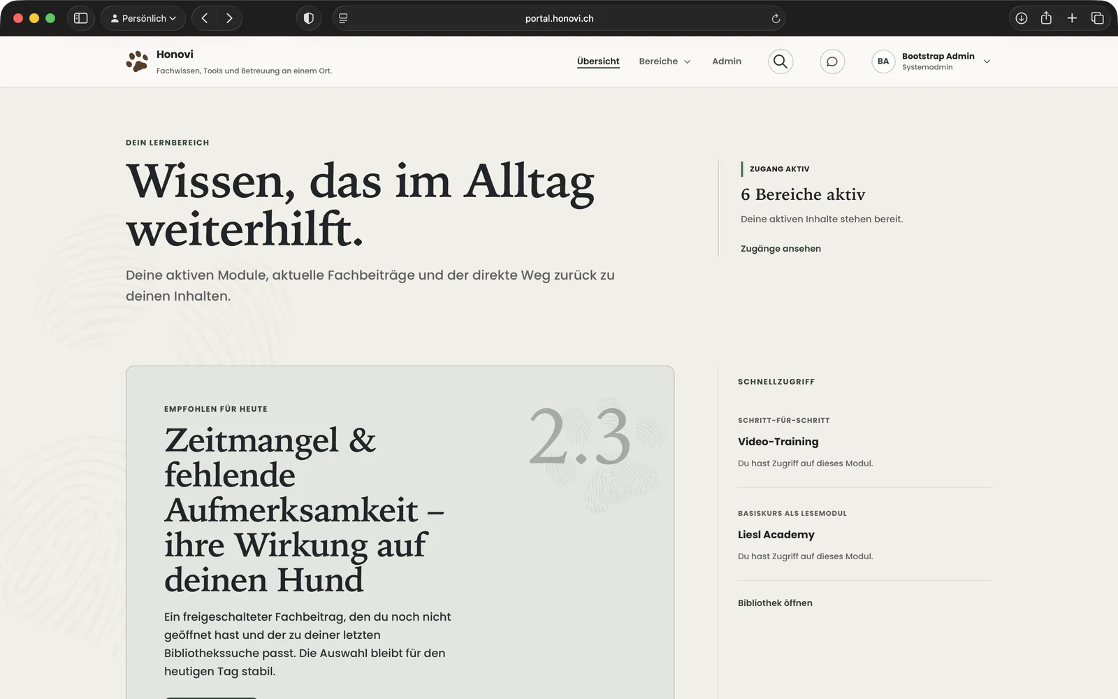 Honovi Portal mit persönlicher Lernübersicht und Schnellzugriffen