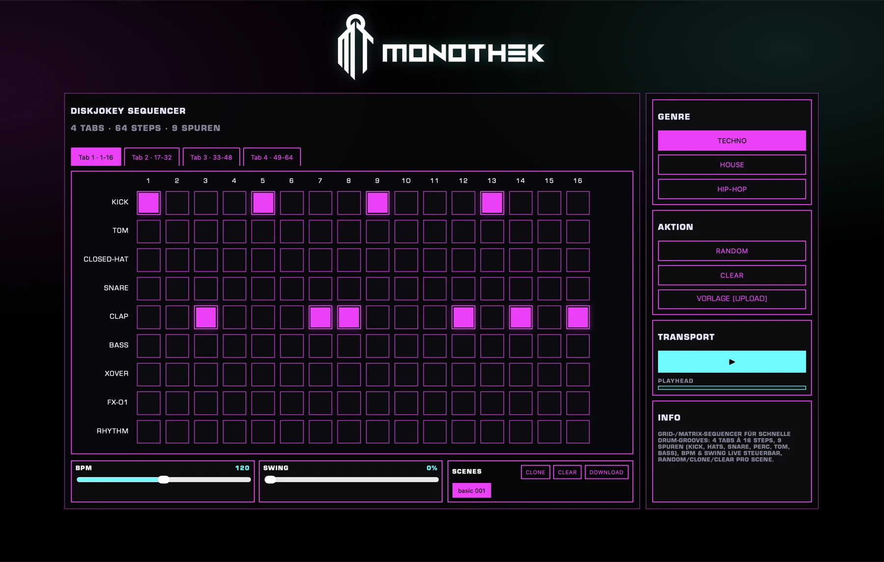 Monothek Web-Sequencer mit Neon-Raster für Browser-Audio