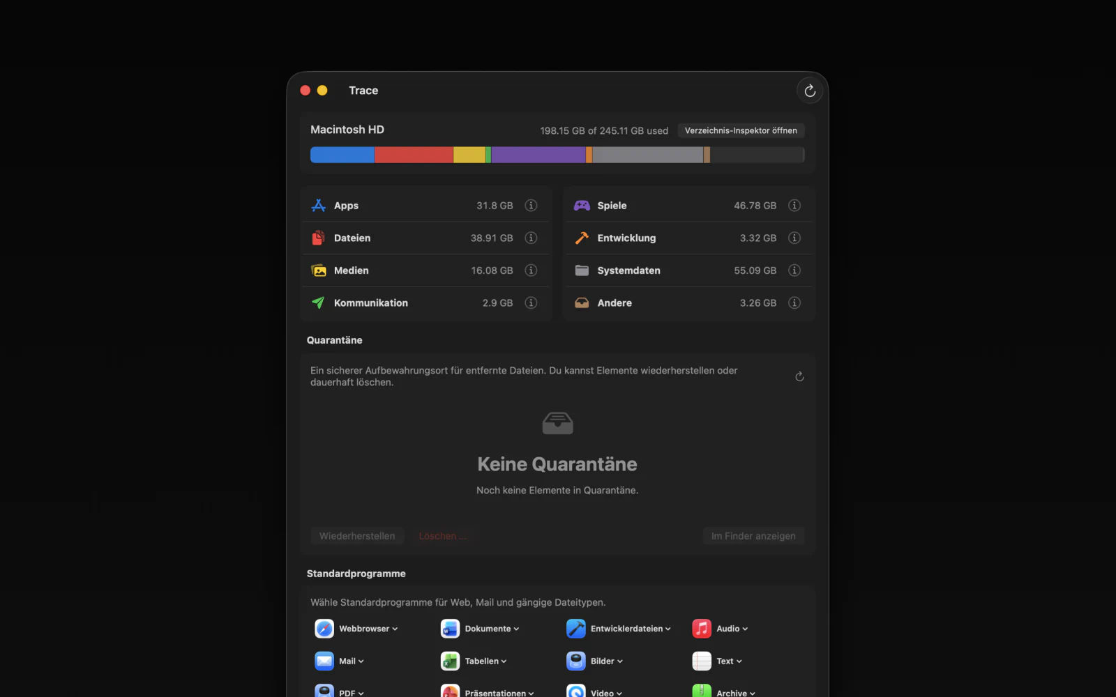 Trace macOS App mit Speicherübersicht, Quarantäne und Standardprogrammen